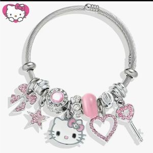 Hello Kitty Charm Pendant Silver & Pink Tone Bangle Bracelet